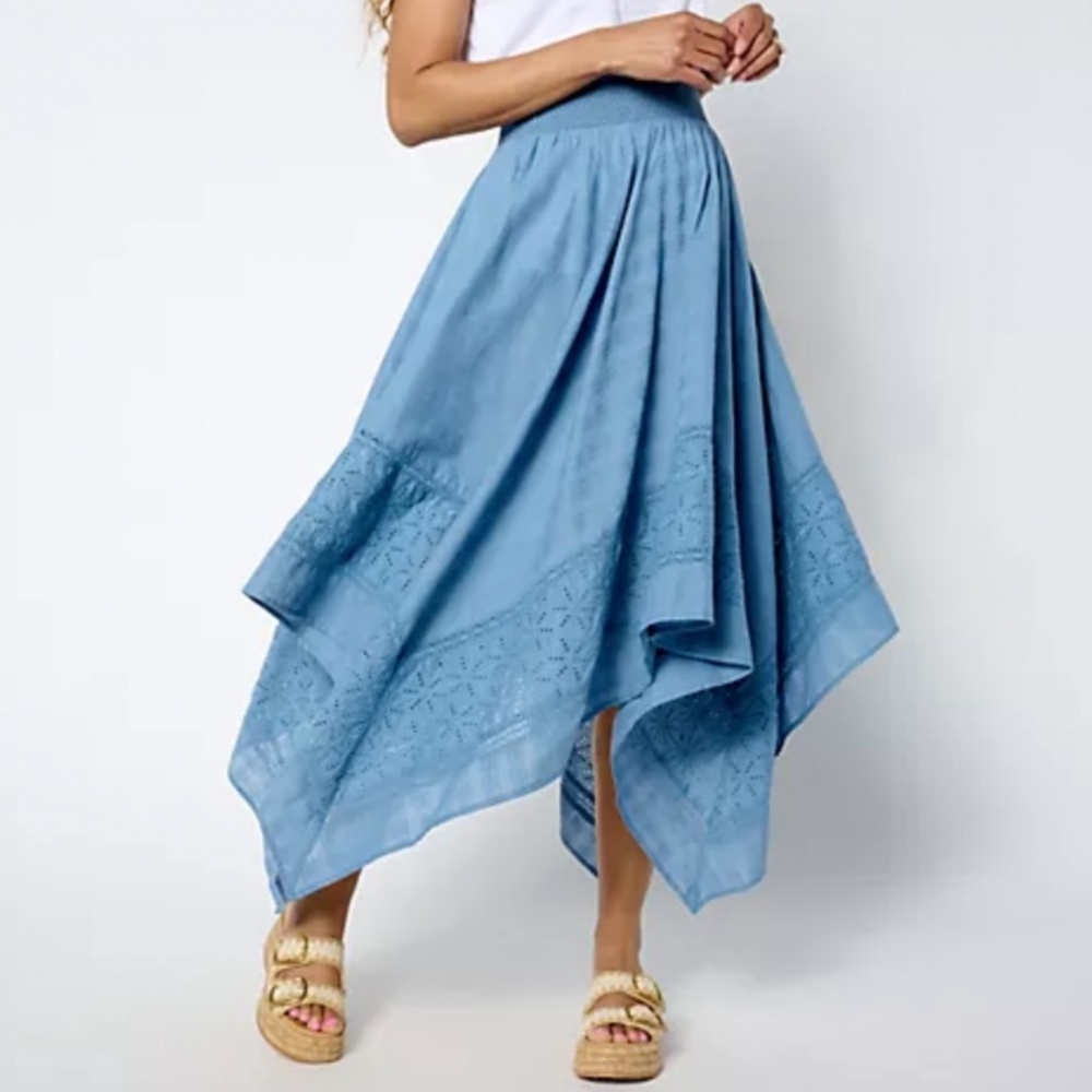 Destination 365 Regular Handkerchief Hem Embroidered Midi Skirt Blue SZ M